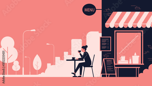 Woman enjoys coffee outside cafe with cityscape in minimalistic vector design