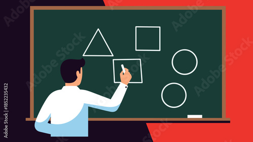 Educational scene showing a teacher drawing geometric shapes onto a blackboard