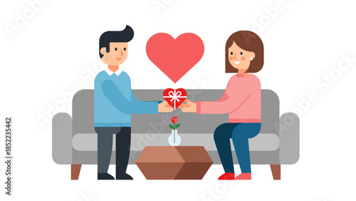 Sweet couple exchanging a heart shaped gift on couch illustration