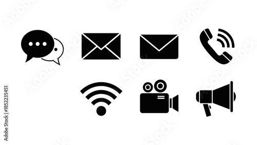 Communication icons representing digital connections, email, broadcast, and wi fi