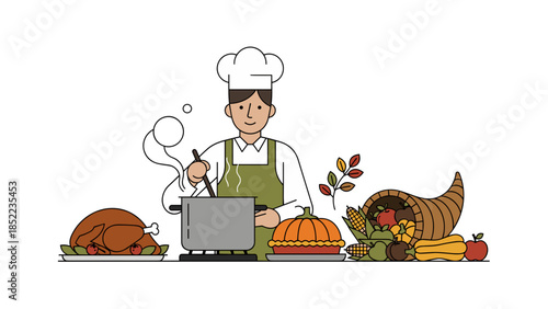 Illustration of a chef cooking a thanksgiving dinner with holiday elements