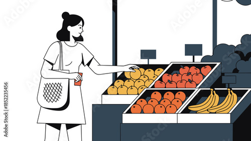 Woman picking out fresh produce at grocery store fruit and vegetable section
