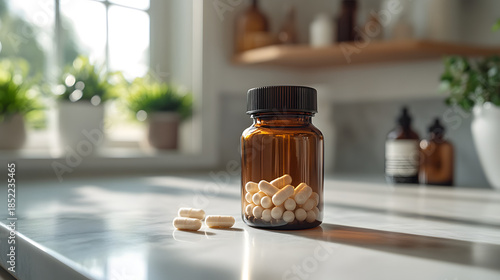 Probiotic bottle in a clean lifestyle style with warm neutral colors representing daily health supplements on a bright kitchen counter with copy space