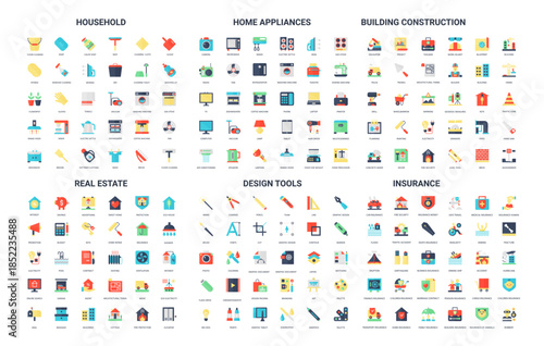 Colorful set of 180 simple flat icons covering household, home appliances, building construction, real estate, design tools, and insurance topics isolated on white background vector illustration