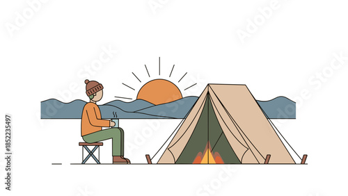 Stylized vector illustration featuring a camper at dawn beside their tent