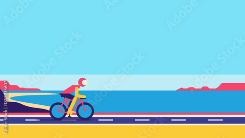Minimalist cyclist riding along seaside road under clear sky, vector illustration