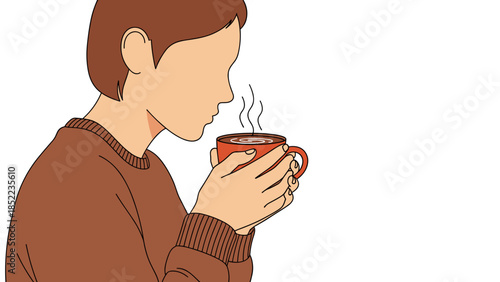 Woman gracefully sips fragrant, warm beverage from an earthy red ceramic mug