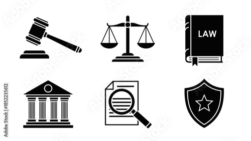 Law and justice vector icons set featuring scales, gavel, book, and shield