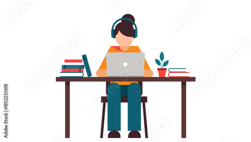 Woman sits at her desk, wearing headphones and using a laptop for work