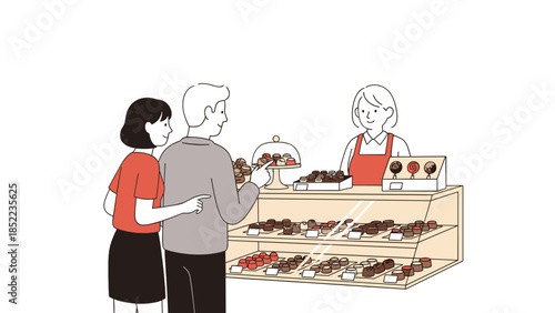 Delightful chocolate shop scene showcasing customer interaction with the shopkeeper