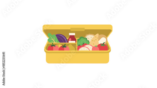 Open yellow lunchbox filled with colorful healthy food items including vegetables