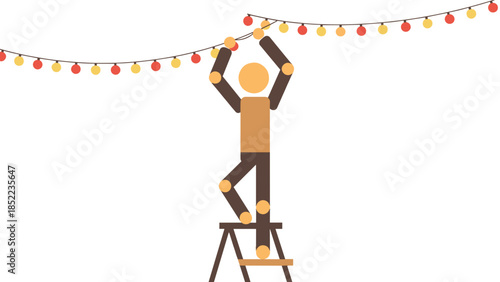 Person on ladder decorating with string lights for celebration