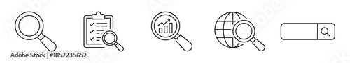 Search and Analysis Icon Set, Data Research, Information Review, Business Analytics, Global Search and Content Discovery Concept, Vector Illustration