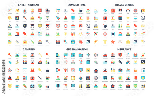 Collection of 180 simple flat icons covering entertainment, summer, travel, camping, navigation, insurance, perfect for web, apps, infographics, presentations, isolated vector illustration