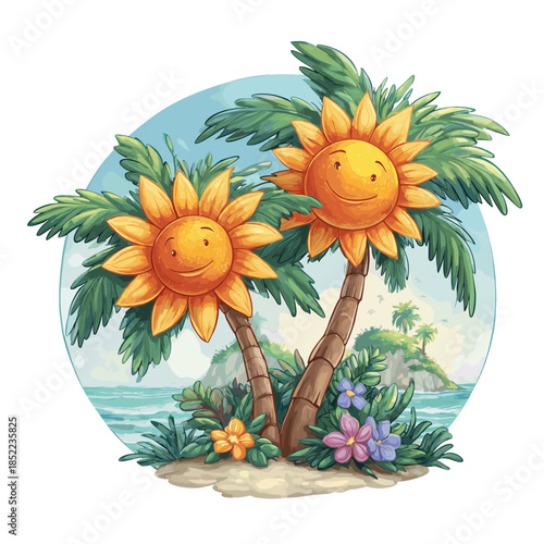 Cartoon sunflowers smiling with tropical palm trees on beach on a transparent background 