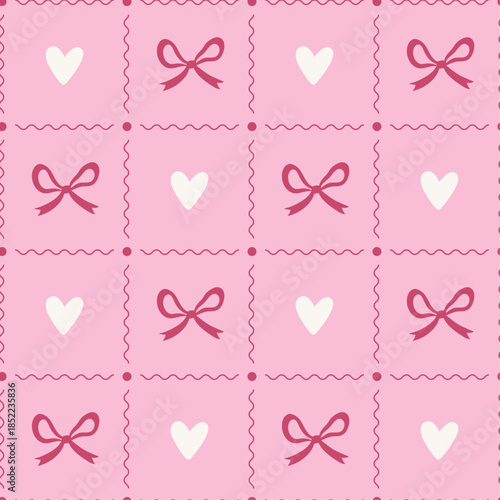 Seamless coquette frame pattern with hearts and bows for Valentine's Day