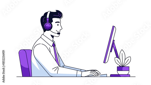 Customer service representative wearing headset, working at a computer in an office, providing support