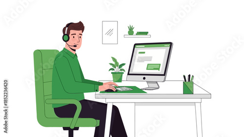 Customer support agent working on a computer in an office with a headset and a chair
