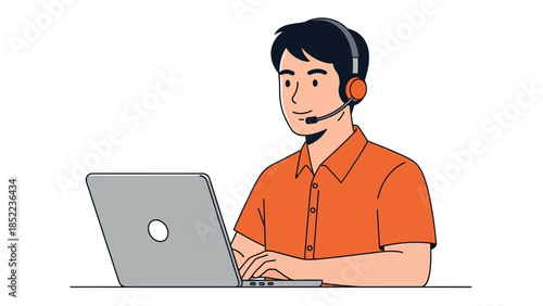 A smiling young man wearing a headset and working on a laptop computer, representing customer service or remote work