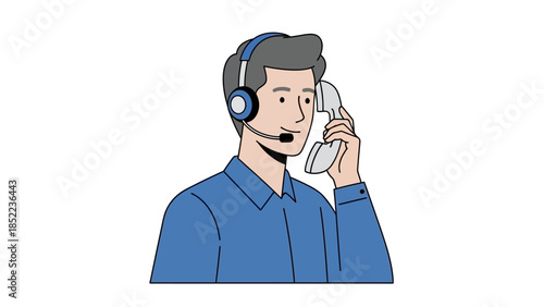 Customer service representative wearing a headset and holding a phone receiver to his ear