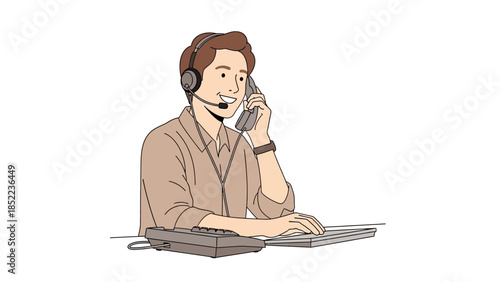 Customer service representative with headset talking on the phone while working at a computer