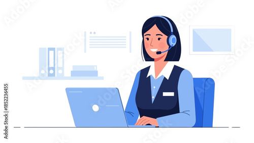 Customer Service Representative with Headset Working on a Laptop