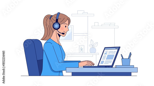 Customer Service Representative Working on Laptop with Headset