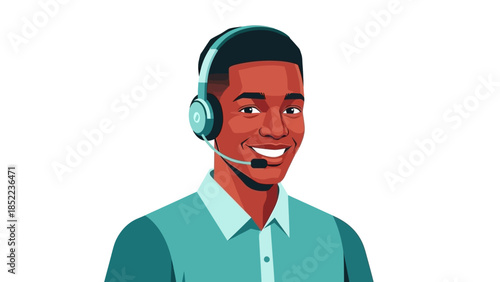 Friendly Male Customer Service Representative with Headset Smiling, Offering Support and Assistance
