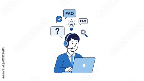 Customer support agent with headset working on a laptop with icons of question mark light bulb and FAQ bubble above