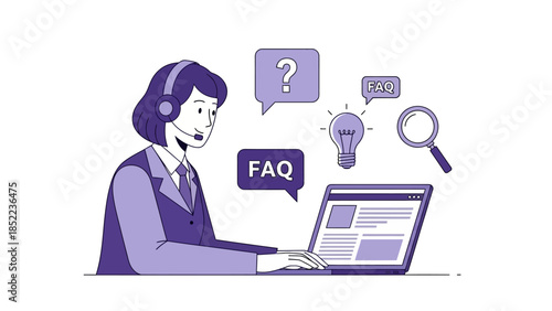 Customer support agent with headset and laptop, assisting clients with inquiries and providing information, help desk concept