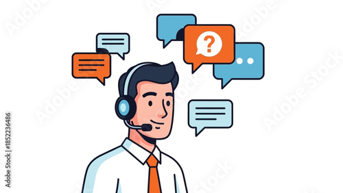 Customer support agent with communication bubbles, representing customer service and interaction