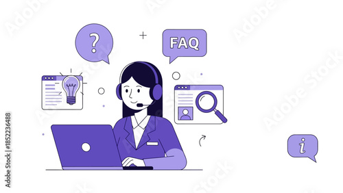 Customer service representative assisting with questions and solutions on a laptop with icons for ideas and search