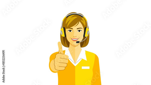 Friendly female customer service representative giving a thumbs up gesture, conveying satisfaction and approval, isolated on a white background, symbolizing excellent support