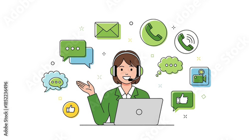 Customer support representative with a headset and laptop, surrounded by communication icons like speech bubbles, phone, and email, representing excellent customer service and online interaction