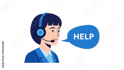 Customer service agent wearing headset speaking 'HELP' into a microphone representing support and assistance