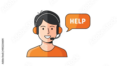 Customer service representative with headset and speech bubble saying HELP, representing support and assistance
