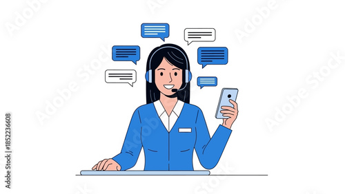 Professional customer service representative with headset and phone, communicating with clients via speech bubbles, business support concept illustration