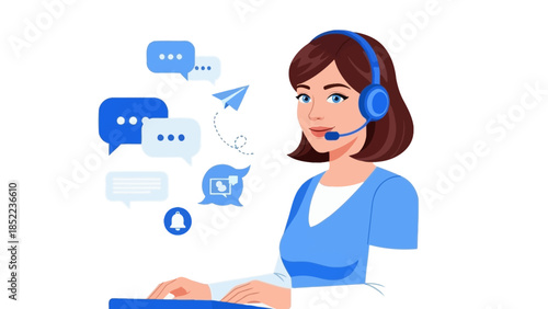 Illustration of a friendly female customer service representative wearing a headset and interacting with digital communication icons