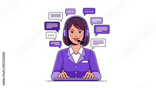 Professional Customer Support Agent Wearing Headset and Typing on Keyboard Surrounded by Speech Bubbles Representing Communication
