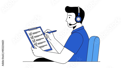 Customer service representative working on a checklist on a clipboard while wearing a headset
