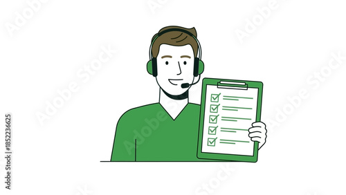 Customer support agent holding a checklist for satisfaction survey