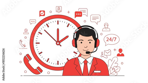 Customer support representative with headset and clock representing 24/7 service, communication icons, and call center concept