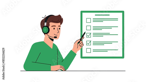 Customer service representative with headset pointing at a checklist on a wall
