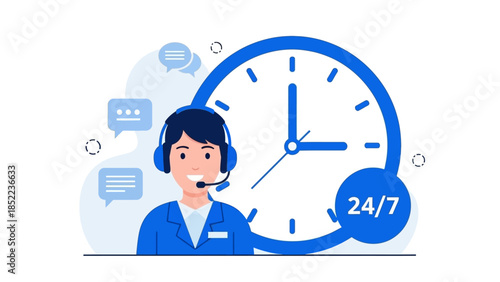 24/7 Customer Support Service Agent with Headset and Clock Illustration
