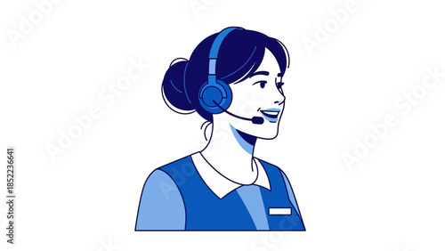 Friendly customer support representative providing excellent service, actively listening and assisting clients through a call center headset illustration