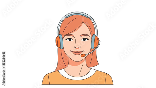 Professional female character in a communication headset, perfect for illustrating concepts of customer support, online assistance, and virtual help services