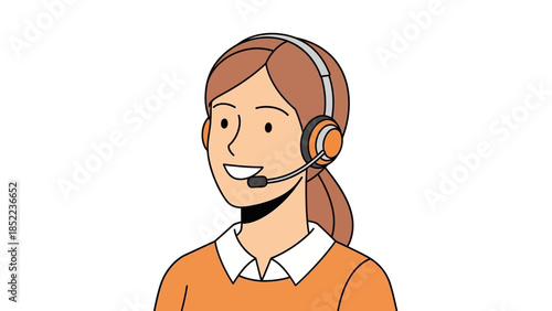 Friendly cartoon illustration of a young woman wearing a headset with a microphone, symbolizing professional customer support, remote communication, and helpdesk services