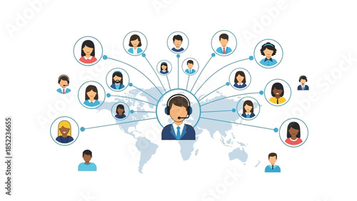 Worldwide interconnected network facilitating seamless online customer assistance, support services, and virtual team collaboration with diverse user profiles