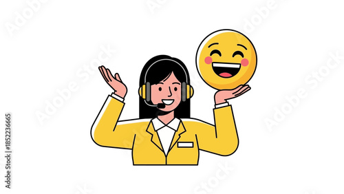 Smiling customer service representative holding a happy emoji, illustrating excellent support and positive client interaction for businesses