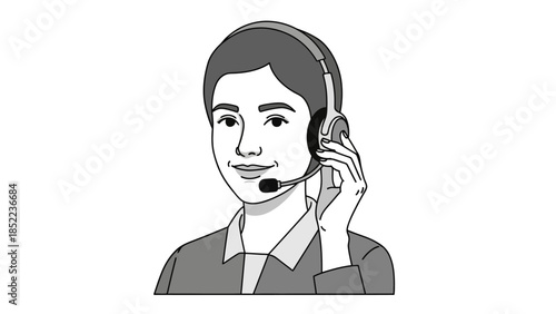 Professional customer service representative illustration, ready to assist with inquiries. This friendly agent wears a headset, embodying effective communication and helpdesk support